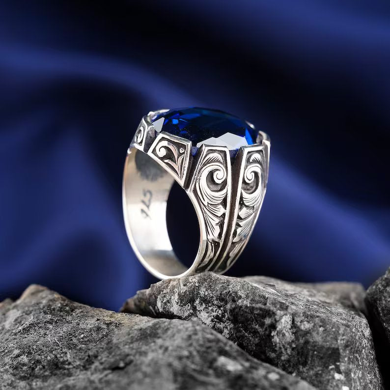Zyan Gems | Unique Turkish Style Ring with Srilankan Blue Sapphire | Sterling Silver Oxidized Ring