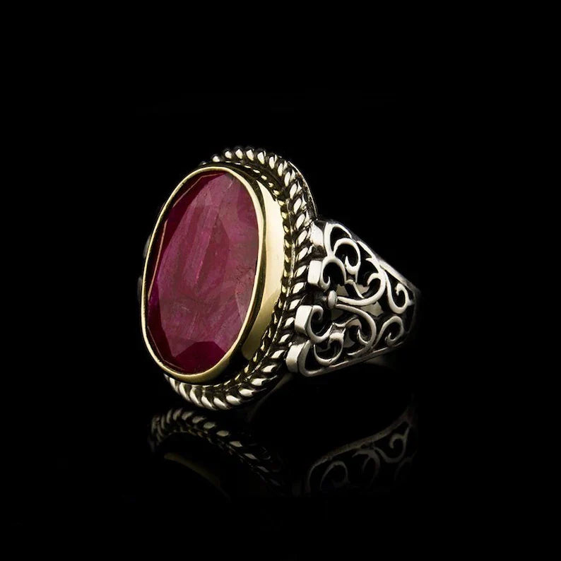 Zyan Gems | Unique Designed Turkish Style Heavy Ring with Natural Red Ruby GOLD PLATED Micron Plated Sterling Silver Oxidized Ring
