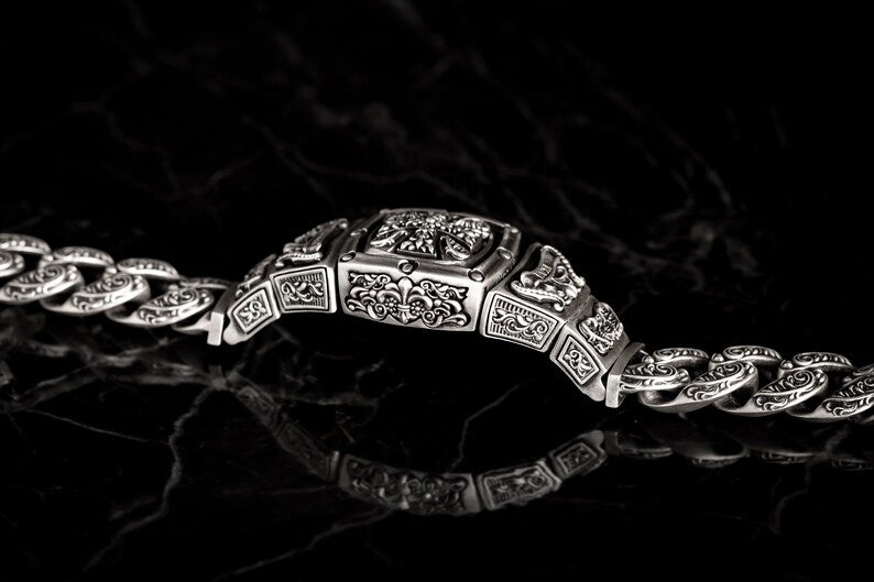 Zyan Gems | 16mm Wide Solid Floral Textured Watch Shape Cross Miami Cuban Link With Artistic Cross Bracelet | Oxidised Sterling Silver Bracelet