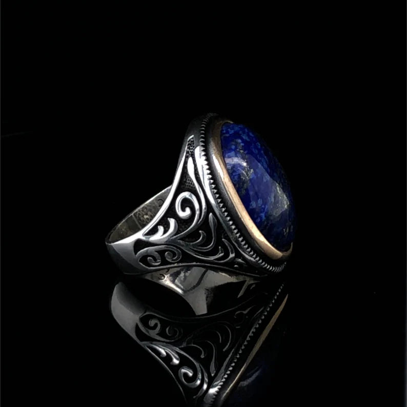 Zyan Gems | Unique Turkish Style Ring with Natural Blue Lapis Lazuli | Sterling Silver Oxidized Ring
