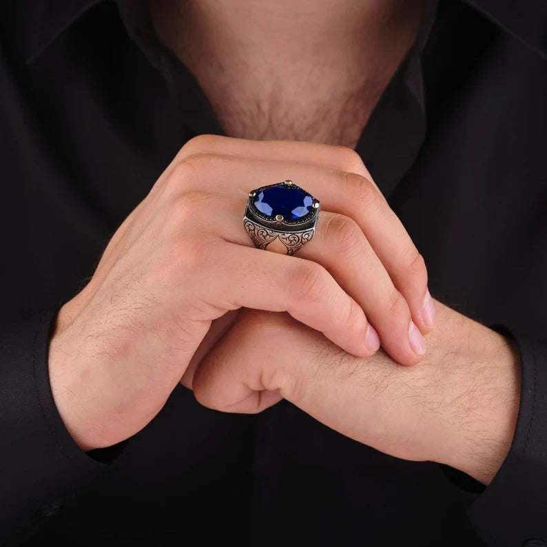 Zyan Gems | Unique Turkish Style Ring with Blue S Sapphire | Sterling Silver Oxidized Ring