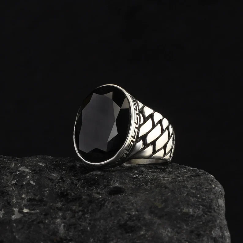 Zyan Gems | Unique Turkish Style Ring with Natural Black Onyx | Black Rhodium & Gold Plated Sterling Silver Ring