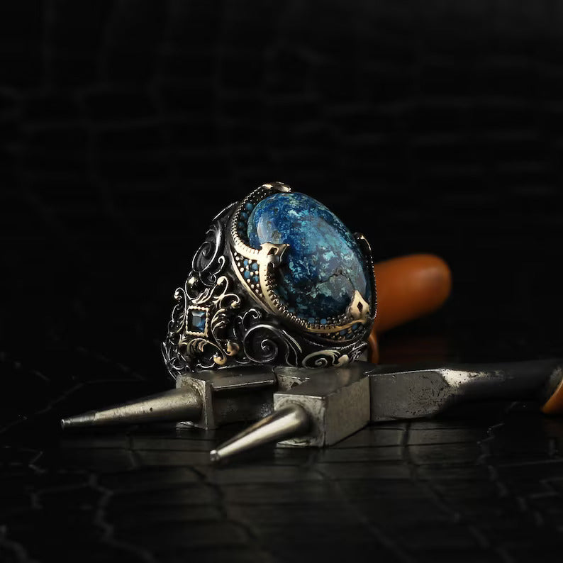 Zyan Gems | Unique Designed Turkish Style Ring with Natural IraniTurquoise (Firoza) | Sterling Silver Oxidized Ring