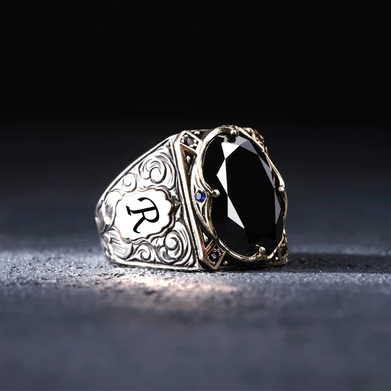 Zyan Gems | Unique Turkish Style Ring with Natural Black Onyx | With Custom Name Initial, Sterling Silver Ring
