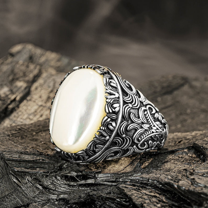 Zyan Gems | Unique Turkish Style Ring with Natural Pearl | Sterling Silver Oxidized Ring