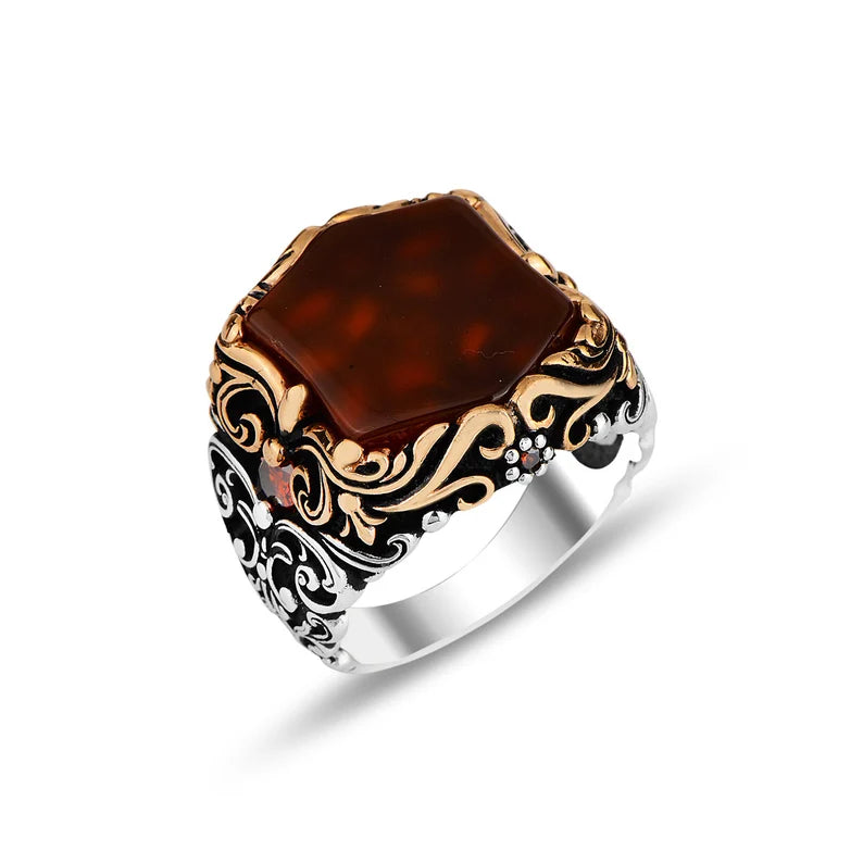 Zyan Gems | Unique Turkish Style Ring with Natural Red Agate | Sterling Silver Oxidized Ring