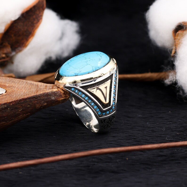 Zyan Gems | Unique Designed Turkish Style Ring with Natural Turquoise (Firoza)| Sterling Silver Oxidized Ring