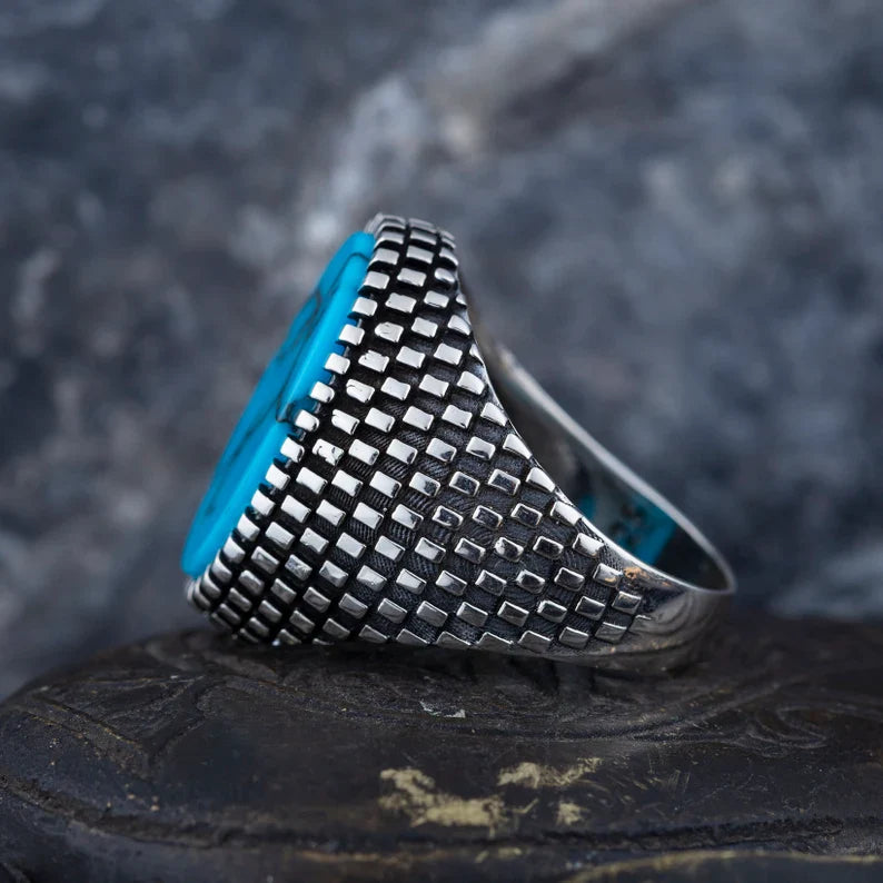 Zyan Gems | Unique Designed Turkish Style Ring with Natural Irani Turquoise (Firoza) | Sterling Silver Oxidized Ring