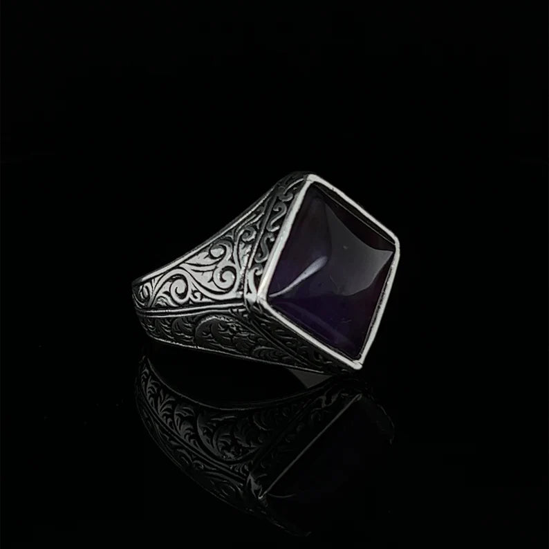 Zyan Gems | Unique Designed Turkish Style Ring with Purple Amethyst , Sterling Silver Oxidized Ring