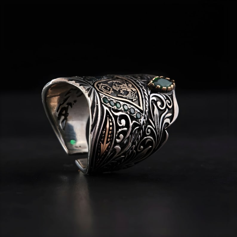 Zyan Gems | Unique Turkish Emperor's Style Signet Thumb Ring studded with Emeralds | Sterling Silver Oxidized Ring
