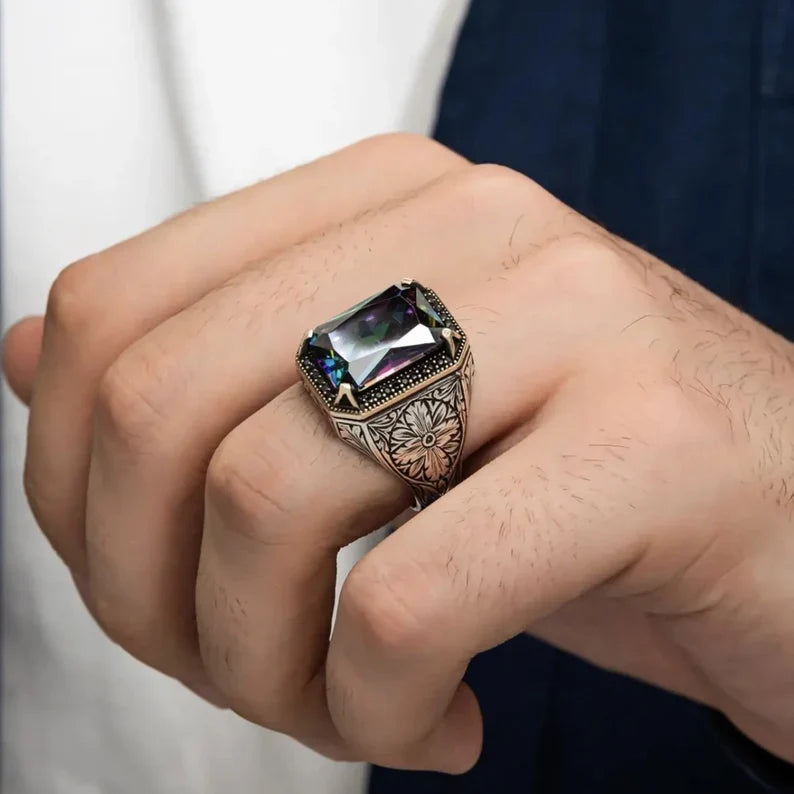 Zyan Gems | Unique Designed Turkish Style Ring with Multicolored Alexandrite | Sterling Silver Oxidized Ring