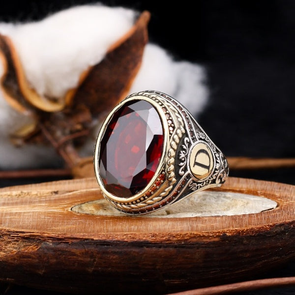 Customizable Turkish Zircon Stone Silver Men Ring - Two Letters Of Your Choice