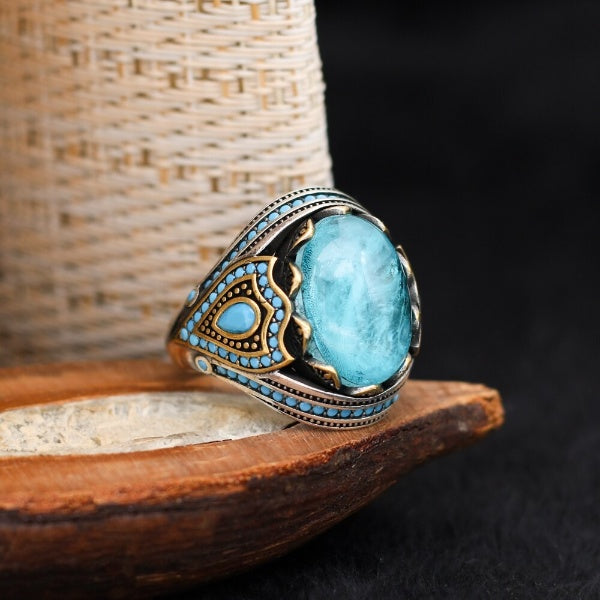 Turkish Paraiba Stone Mens Ring Handmade Premium Design