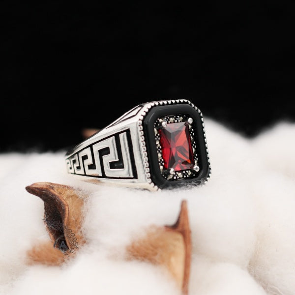 Turkish Red Zircon Men's Ring Handmade Exclusive Design