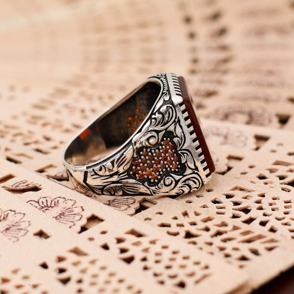 Turkish Handmade Royal Red Agate Luxury Aqeeq Ring