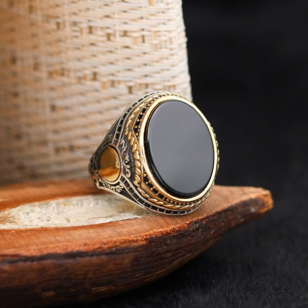 Islamic Black Aqeeq Stone Ring, Turkish Handmade Silver Men Ring