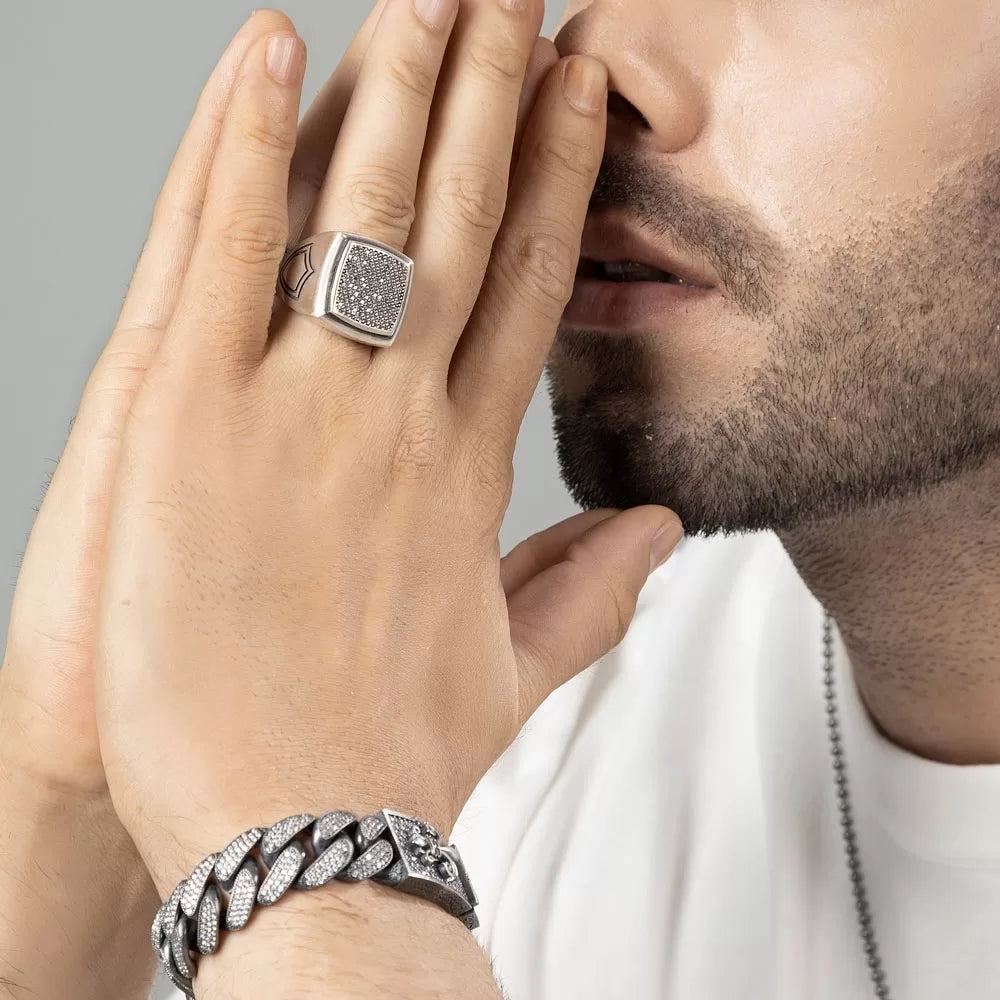 16mm Unique Fleur-De-Lis Iced Cuban Link Bracelet for Men | Dark Oxidized 925 Silver Bracelet Authenticity and 925