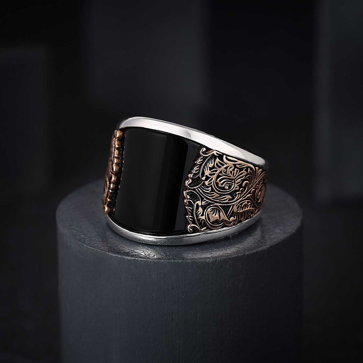 Zyan Gems | Unique Designed Turkish Style Curved Ring with Natural Black Onyx | Sterling Silver Gold Plated Ring