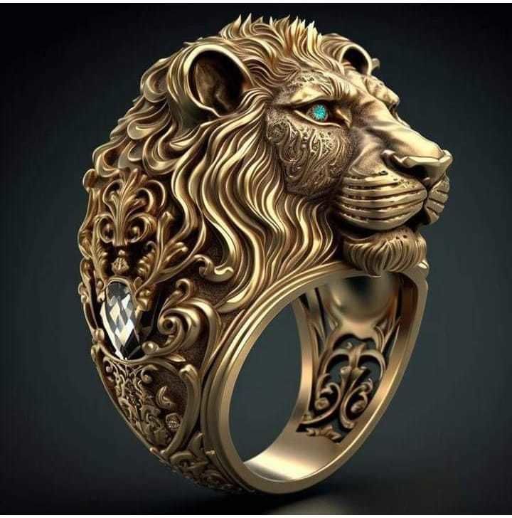 Zyan Gems | Unique Designed 22k Gold Plated 3D Lion face Ring with Blue Eyes | Sterling Silver Oxidized Ring