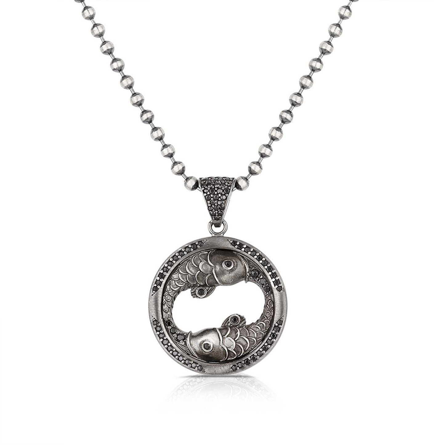Zyan Gems | Unique Pisces Zodiac Designed Pendant Studded with Black Zircons | Unisex Sterling Silver Oxidized Pendant