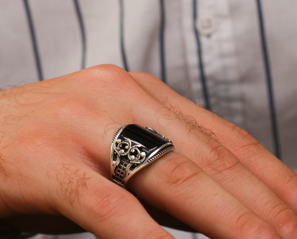Turkish Handmade Black Agate Silver Luxury Aqeeq Ring