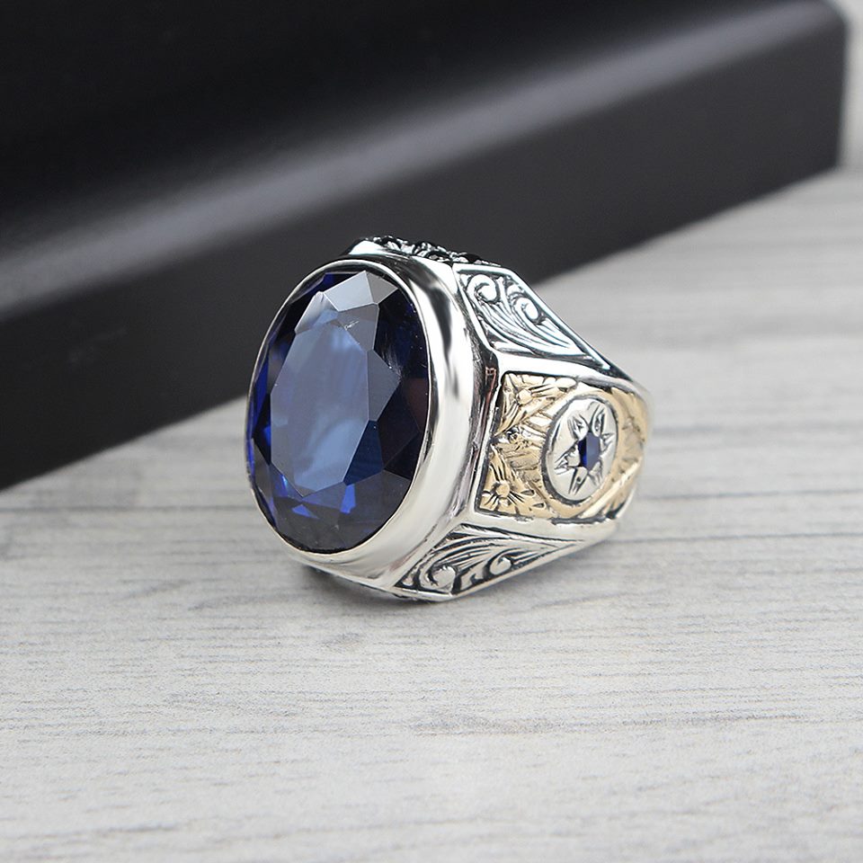 Turkish Blue Zircon Men's Ring Handmade Exclusive Design