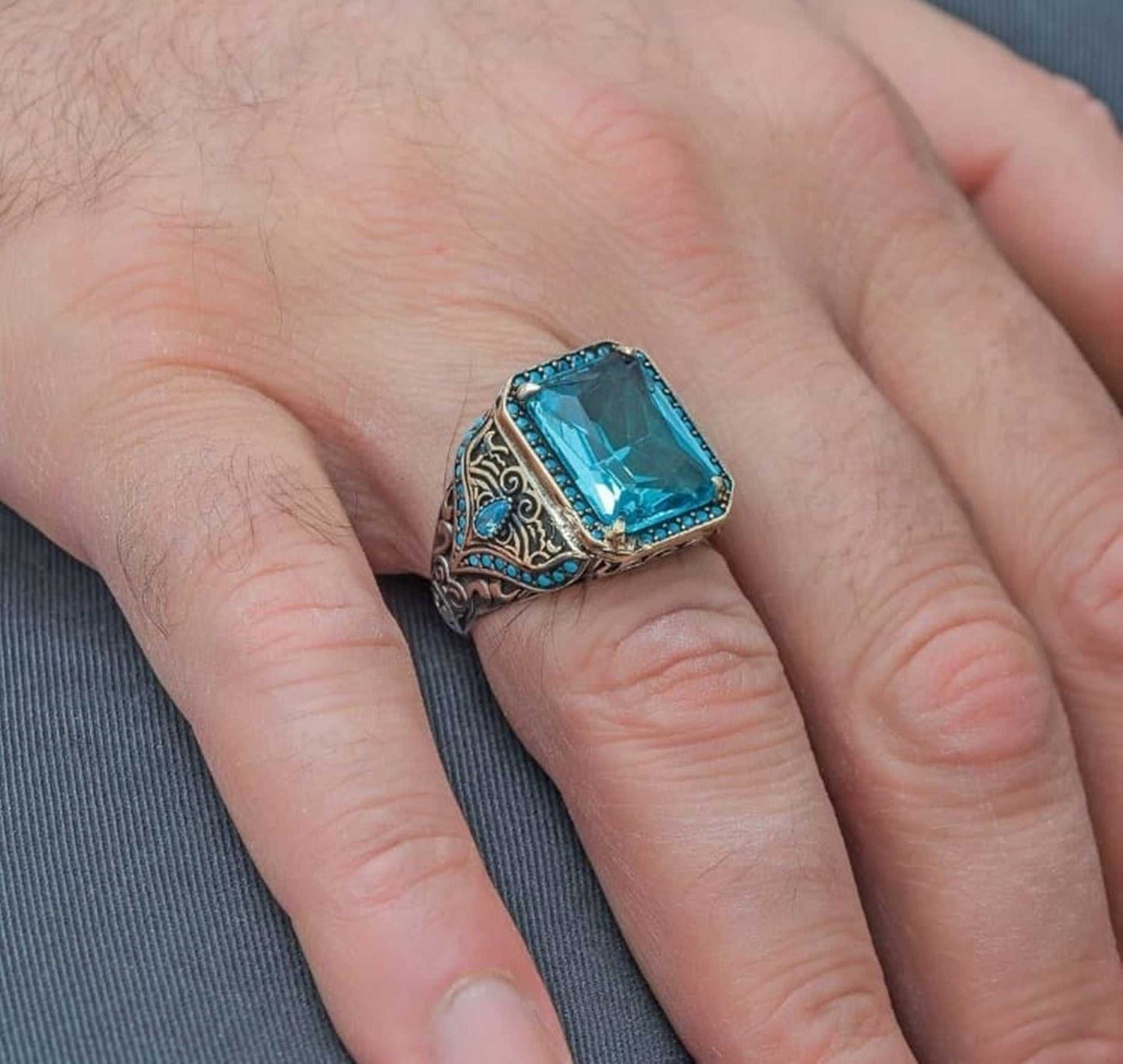 Aquamarine Silver Men Ring, Turkish Stone Ring Special Design