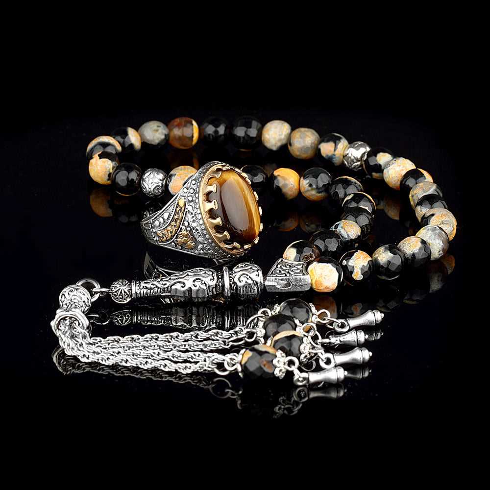 Agate (Aqeeq) Ring, Islamic Stone Silver Men Ring With Tasbih