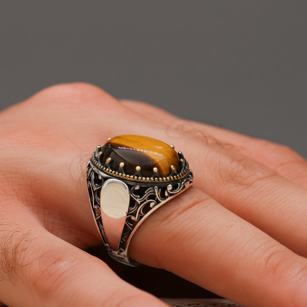Turkish Tiger Eye Stone Mens Ring Handmade Premium Design
