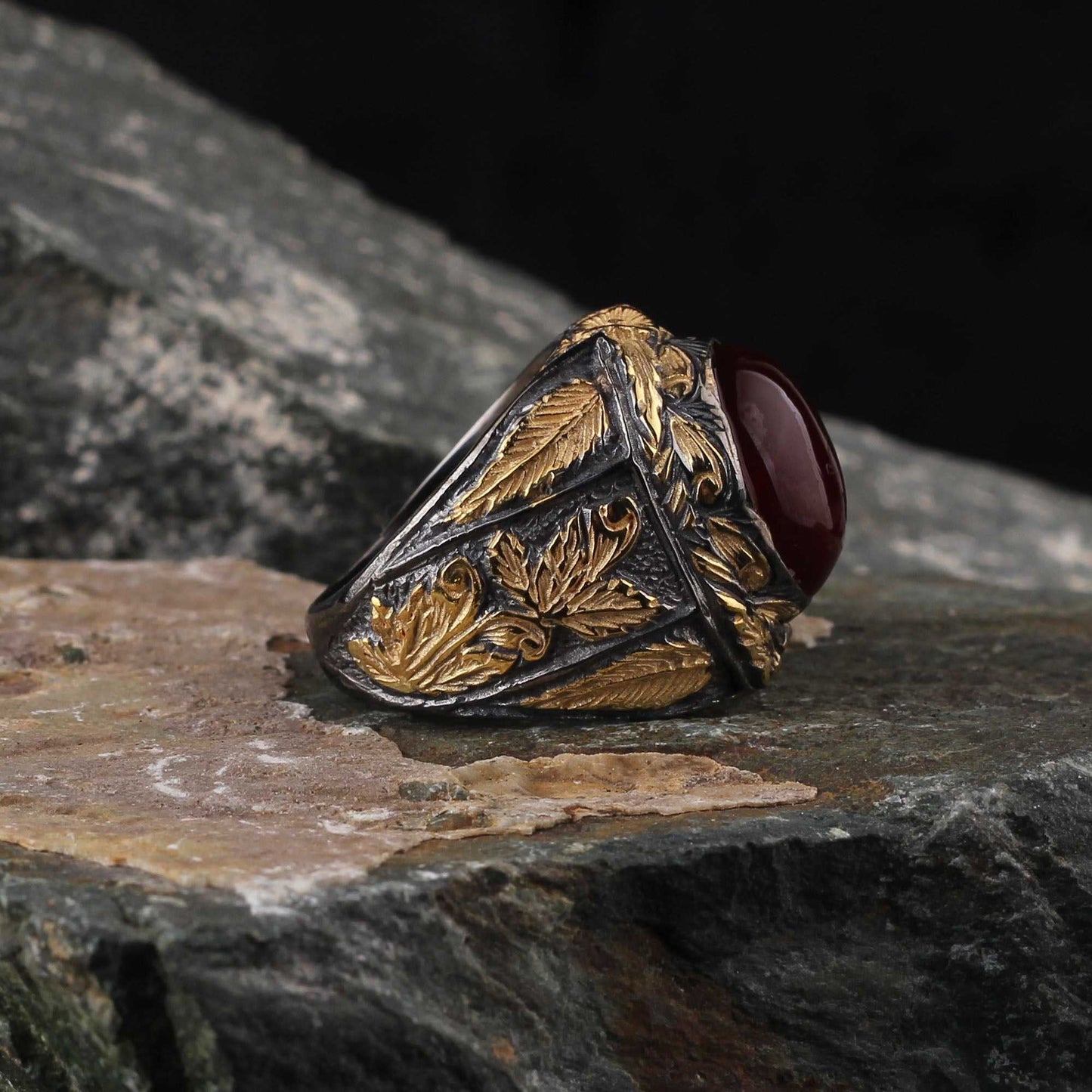 Islamic Aqeeq Stone Handmade silver Ring With Rhodium Covering