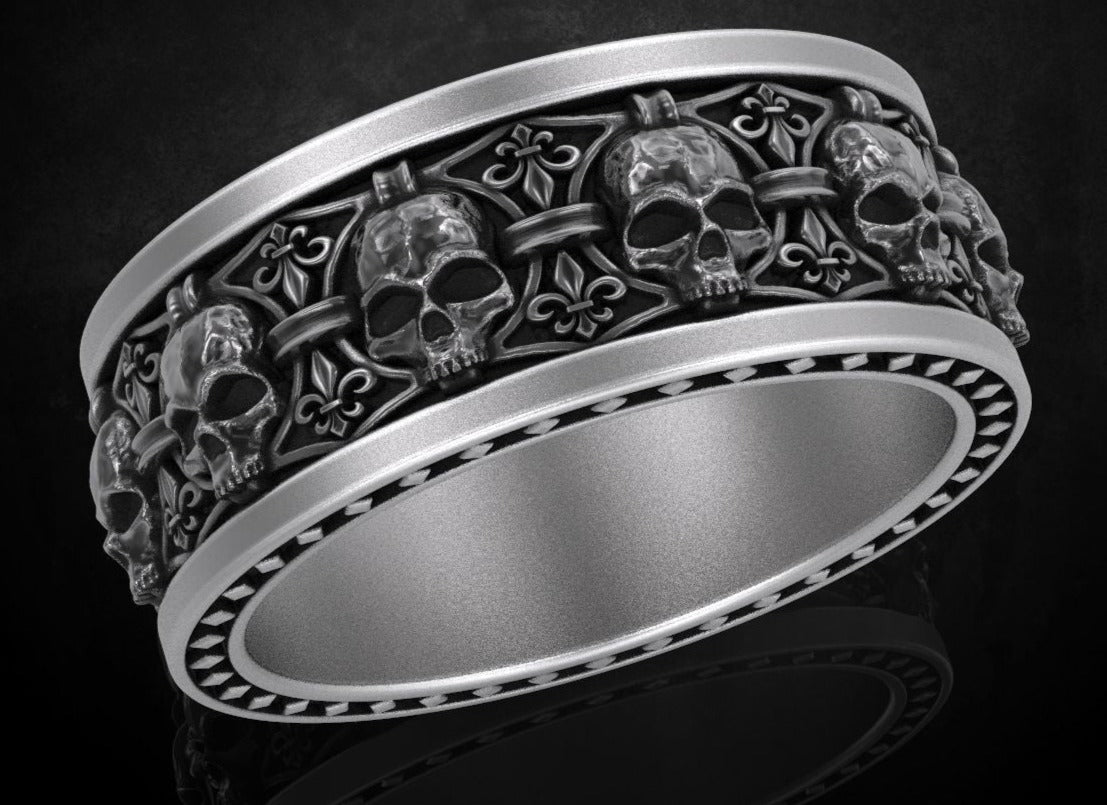 Zyan Gems | Unique Designed Band Ring Skull & Fleur De Lis | Sterling Silver Oxidized Ring