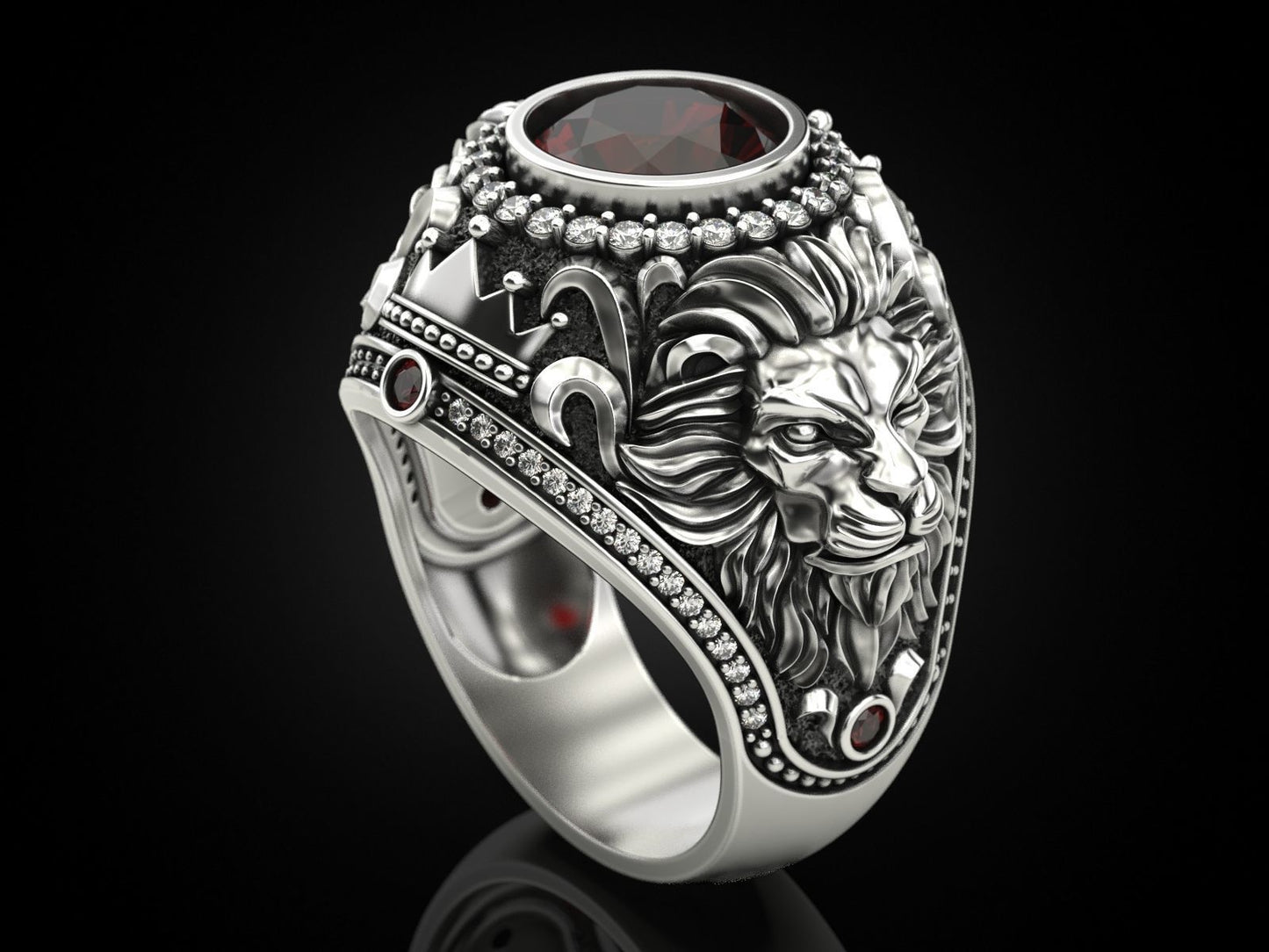 Zyan Gems | Unique Designed Double Faced Lion Ring with Red Zircon Stone | Sterling Silver Oxidized Ring