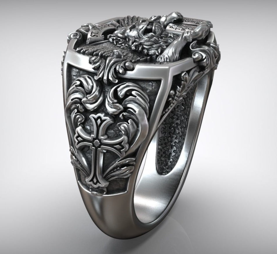 Zyan Gems | Unique Designed St. Mark Lion with Cross Ring | Sterling Silver Oxidized Ring
