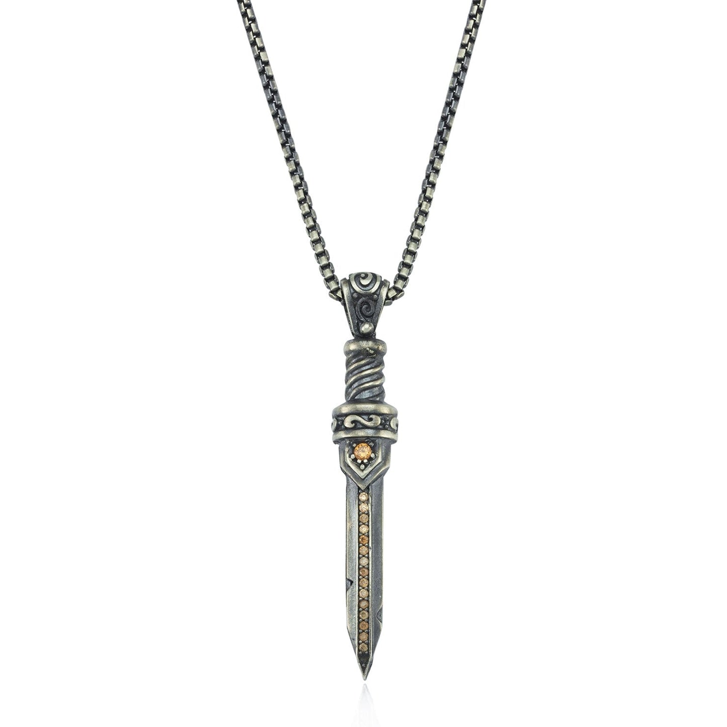 Zyan Gems | Unique Designed Sword Pendant Studded with Cubic Zircons for Men | Sterling Silver Oxidized Pendant