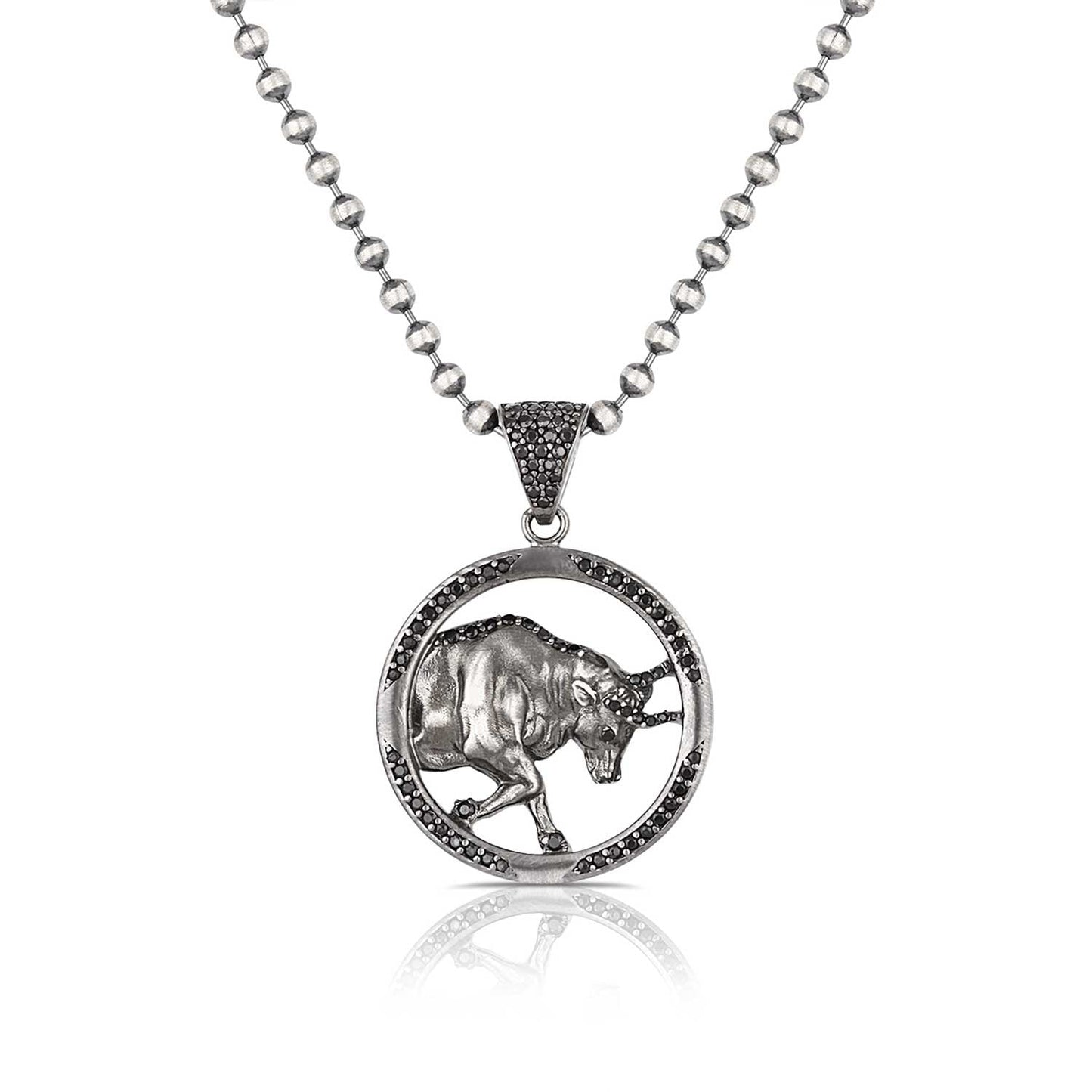 Zyan Gems | Unique Taurus Zodiac Designed Pendant Studded with Black Zircons | Unisex Sterling Silver Oxidized Pendant