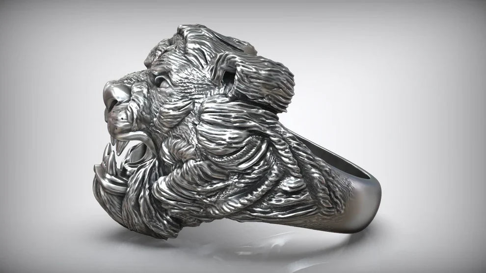 Zyan Gems | Unique Designed Solid Ferocious 3D Tiger Face Ring | Sterling Silver Oxidized Ring