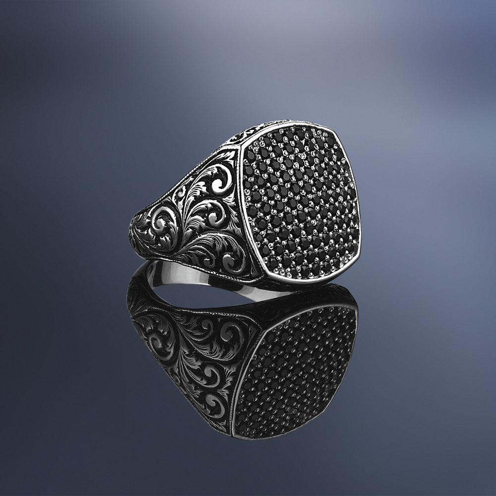 Zyan Gems | Exclusive Classic Cushion Pave Ring Studded with Black Zircons, Sterling Silver  Ring | Jewellery for Men