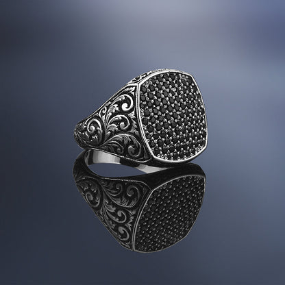 Zyan Gems | Exclusive Classic Cushion Pave Ring Studded with Black Zircons, Sterling Silver  Ring | Jewellery for Men