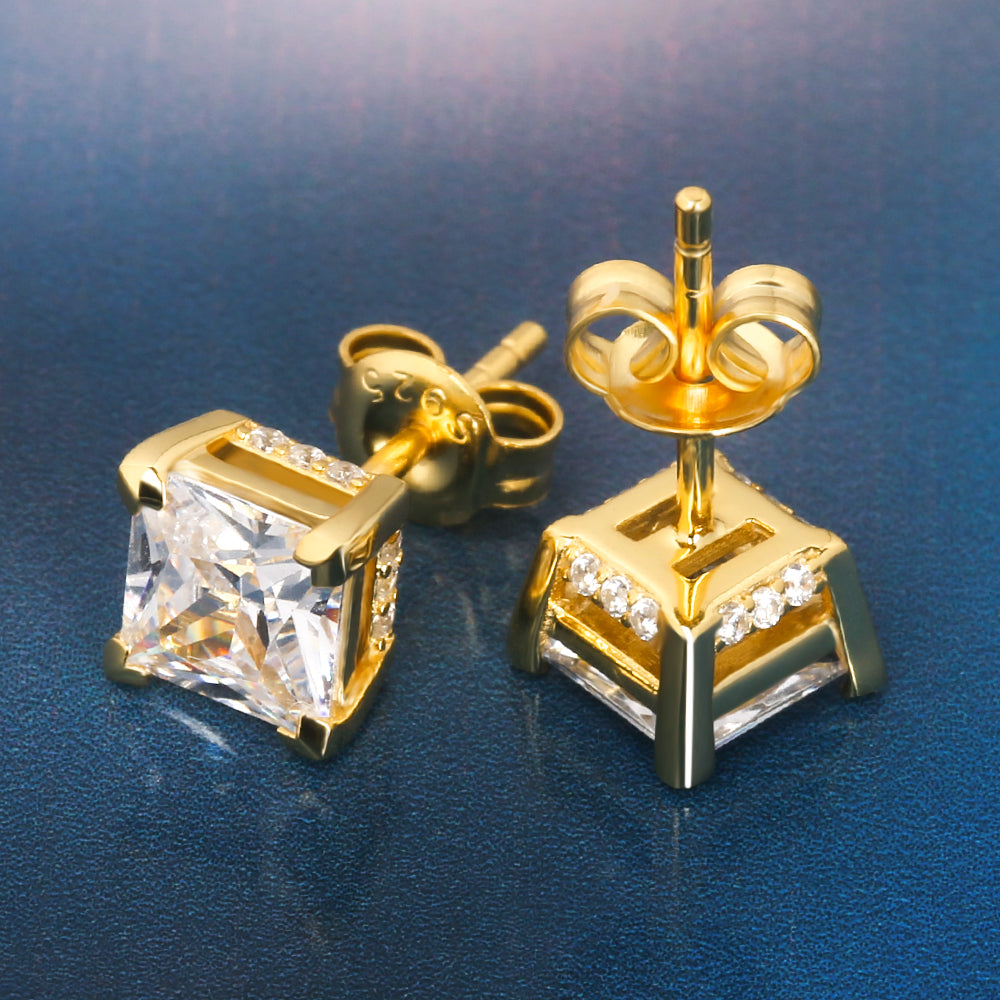 Zyan Gems | Princess Cut Diamond Stud Earrings for Men | AAA+ Quality Swarovski Diamond & White Rhodium &  Gold Plated  Sterling Silver Earrings | Jewellery for Men
