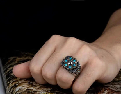 Zyan Gems | Unique Designed Turkish Style Ring with 6 Stone Turquoise Ring |  Sterling Silver Oxidized Ring