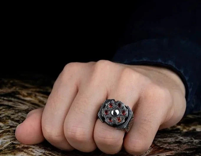 Zyan Gems | Unique Designed Turkish Style Ring with 6 Stone Ruby Ring |  Sterling Silver Oxidized Ring
