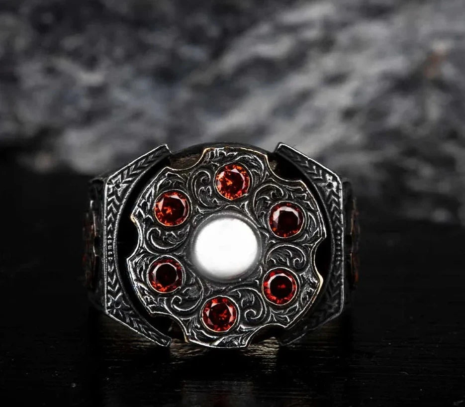 Zyan Gems | Unique Designed Turkish Style Ring with 6 Stone Ruby Ring |  Sterling Silver Oxidized Ring