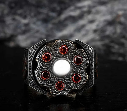 Zyan Gems | Unique Designed Turkish Style Ring with 6 Stone Ruby Ring |  Sterling Silver Oxidized Ring