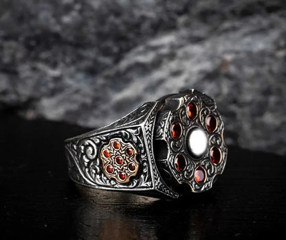 Zyan Gems | Unique Designed Turkish Style Ring with 6 Stone Ruby Ring |  Sterling Silver Oxidized Ring