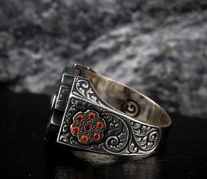 Zyan Gems | Unique Designed Turkish Style Ring with 6 Stone Ruby Ring |  Sterling Silver Oxidized Ring