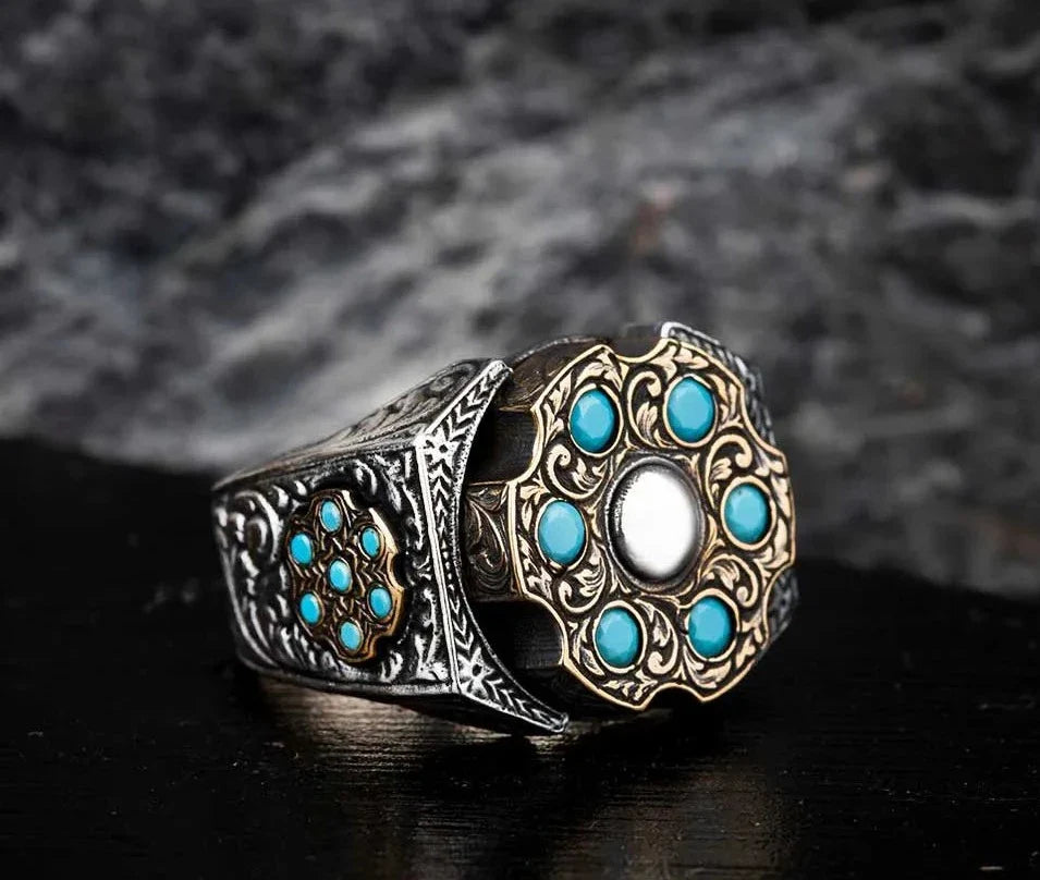 Zyan Gems | Unique Designed Turkish Style Ring with 6 Stone Turquoise Ring |  Sterling Silver Oxidized Ring