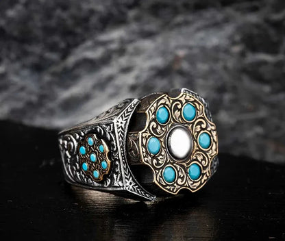 Zyan Gems | Unique Designed Turkish Style Ring with 6 Stone Turquoise Ring |  Sterling Silver Oxidized Ring