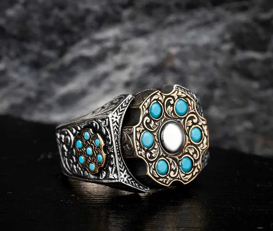 Zyan Gems | Unique Designed Turkish Style Ring with 6 Stone Turquoise Ring |  Sterling Silver Oxidized Ring