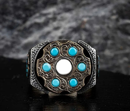 Zyan Gems | Unique Designed Turkish Style Ring with 6 Stone Turquoise Ring |  Sterling Silver Oxidized Ring