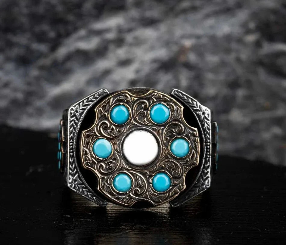 Zyan Gems | Unique Designed Turkish Style Ring with 6 Stone Turquoise Ring |  Sterling Silver Oxidized Ring